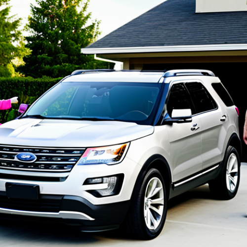 Ford Explorer**

"A family of four happily getting into a Ford Explorer in a suburban driveway. The Explorer is sporty and modern, fully visible. Bright daylight, safe for work, appropriate content, fully clothed family, professional quality, family-friendly."

**