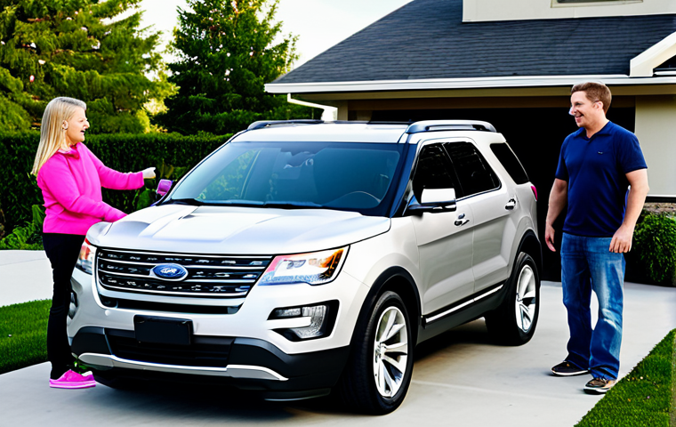 Ford Explorer**
"A family of four happily getting into a Ford Explorer in a suburban driveway. The Explorer is sporty and modern, fully visible. Bright daylight, safe for work, appropriate content, fully clothed family, professional quality, family-friendly."
**