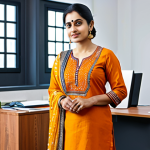 **

"A professional woman in a *salwar kameez* standing in a bright, modern office. *Duputta* is draped modestly. Safe for work. Perfect anatomy, correct proportions, natural pose. High quality, professional photograph."

**